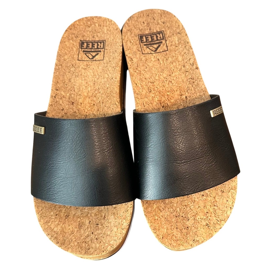 Reef Cushion Scout Hi Black‎ Platform Slide Sandals with Cork Footbed Women's 7